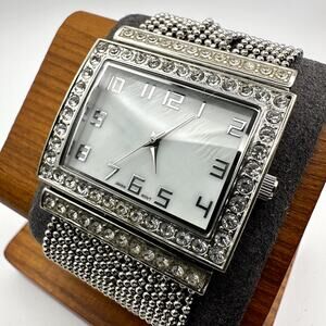 QRTZ Silver-Tone Crystal Rectangular Quartz Bracelet Watch